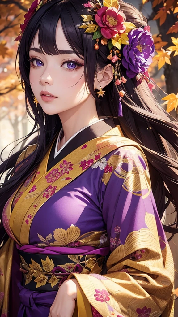 a woman in a purple long-sleeve kimono,beautiful detailed eyes,beautiful detailed lips,extremely detailed eyes and face,longeyelashes,woman in japanese hairstyle,autumn leaves,autumn flowers,autumn plants,art nouveau style,fresh gold background,vibrant colors,detailed foliage,detailed kimono,dramatic lighting,magical realism,digital painting,ultra-detailed,8k,photorealistic,professional,stunning