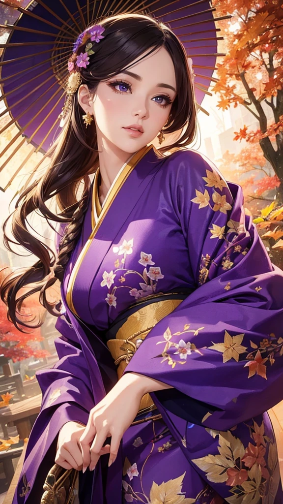 a woman in a purple long-sleeve kimono,beautiful detailed eyes,beautiful detailed lips,extremely detailed eyes and face,longeyelashes,woman in japanese hairstyle,autumn leaves,autumn flowers,autumn plants,art nouveau style,fresh gold background,vibrant colors,detailed foliage,detailed kimono,dramatic lighting,magical realism,digital painting,ultra-detailed,8k,photorealistic,professional,stunning