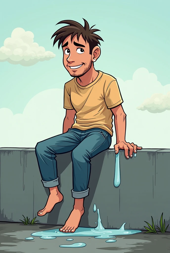A cartoon men sitting on Wall with wet clothes