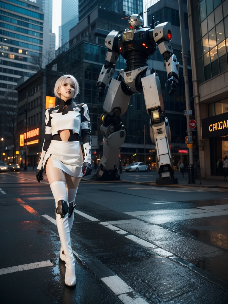 nspired,masterpieceabadon city,2b,nier automata, mecha armor, realistic, ,white suit,mecha leg,neon suit,detailed white skirt,mecha wing,