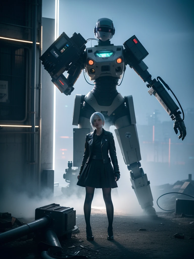 a highly detailed, masterpiece, photorealistic, hyper-realistic, 3d render of 2b from nier automata, wearing a realistic white mecha suit with neon accents, a detailed white skirt, and mechanical wings, standing in an abandoned futuristic city with neon lights and advanced technology, (best quality,4k,8k,highres,masterpiece:1.2),ultra-detailed,(realistic,photorealistic,photo-realistic:1.37),dramatic lighting,cinematic composition,intricate details,volumetric lighting,octane render,8k textures,highly detailed machinery,advanced mecha design,dynamic pose,cinematic camera angle