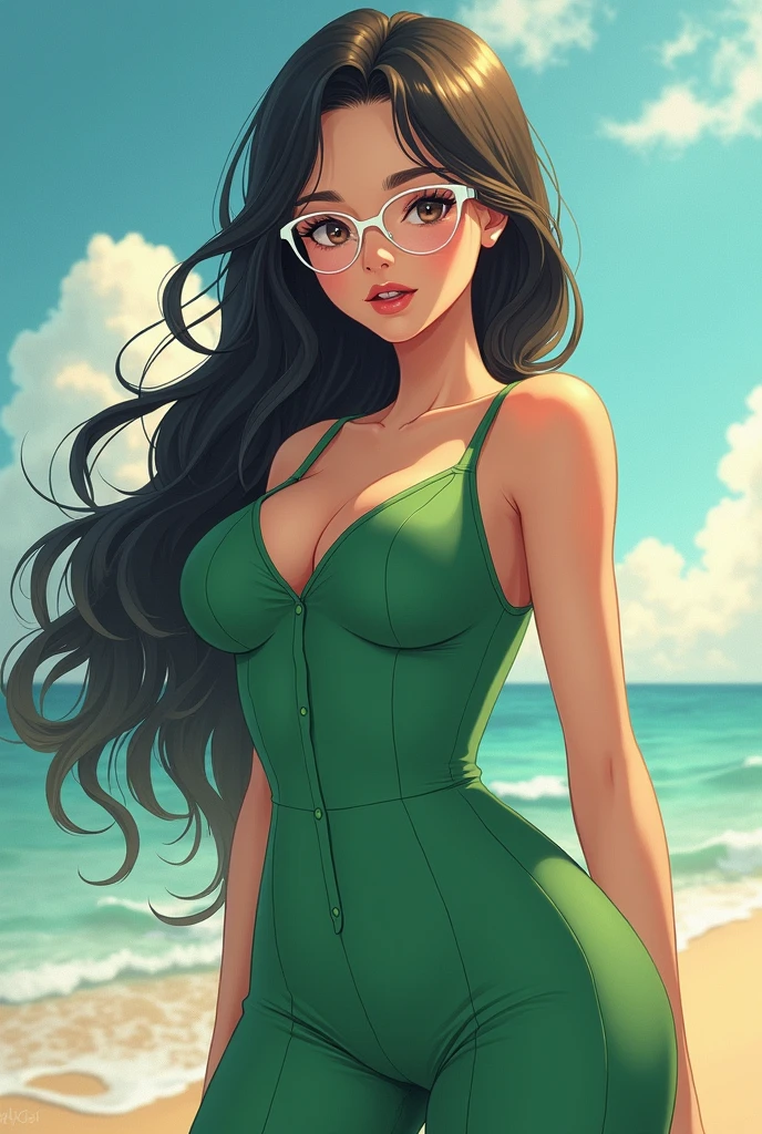 In the background is a beautiful anime-style woman wearing white glasses, a green jumpsuit, and big breasts.