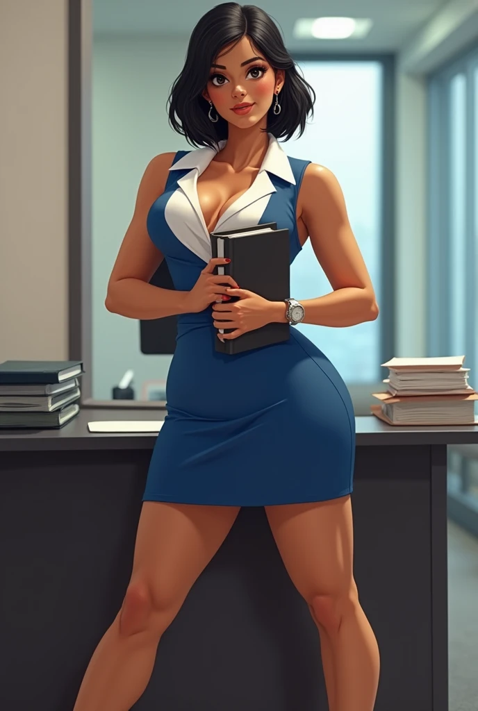 She is a personal assistant. She has a black short hair. She is curvy skinny tan color girl. Her tits are normal in size. Her dress color is blue and white. Her earing are simple. She wears a wrist watch. She is standing near the desk holding her files in her hands. She is so horny and she is so hot. She is posing in a more hotter way with legs are wide and open.
