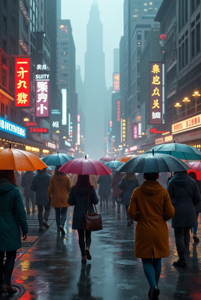 People holding umbrellas in the pouring rain in the city