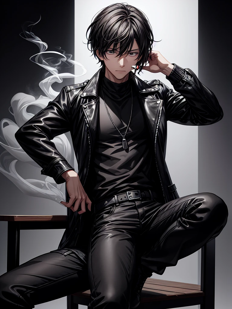 A young man with dark hair and eyes sits in a chair, exhaling smoke from a cigarette. He is dressed in a black leather jacket with a white "S" on the chest, black pants, and black sneakers. The lighting is dramatic, with a single light source illuminating the man's face and the smoke. The background is dark and blurry, creating a sense of mystery and intrigue. The overall mood is one of cool detachment and brooding contemplation.

[Anime style, realistic rendering], [Inspired by the works of Yoshitaka Amano], [Lighting: dramatic, single light source, soft shadows, focus on the face and smoke, 50mm lens, f/2.8 aperture, ISO 100]