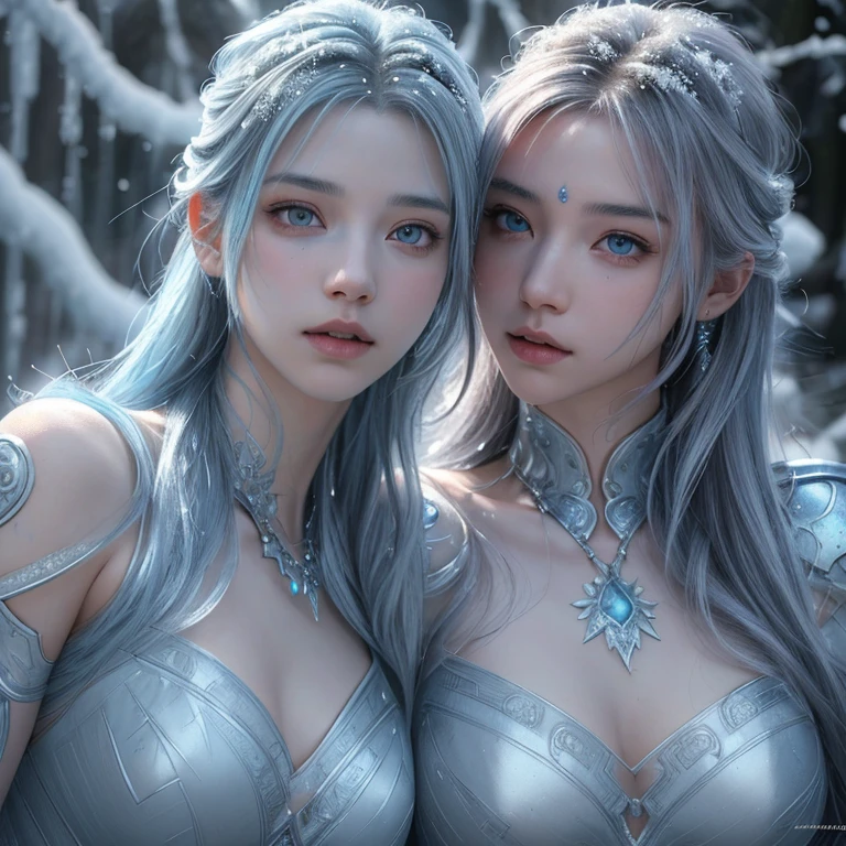 a beautiful detailed young woman, 2 girls, shiva, twins, final fantasy xiii, dynamic pose, goddess of ice, snow environment, icy blue color palette, ethereal, glowing energy aura, dramatic lighting, intricate detailed ice armor, beautiful detailed eyes, beautiful detailed lips, extremely detailed face and features, long eyelashes, cinematic, fantasy, (best quality,4k,8k,highres,masterpiece:1.2),ultra-detailed,(realistic,photorealistic,photo-realistic:1.37),concept art