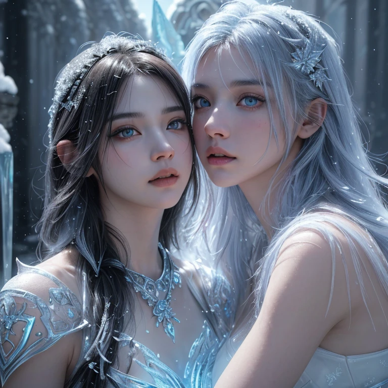 a beautiful detailed young woman, 2 girls, shiva, twins, final fantasy xiii, dynamic pose, goddess of ice, snow environment, icy blue color palette, ethereal, glowing energy aura, dramatic lighting, intricate detailed ice armor, beautiful detailed eyes, beautiful detailed lips, extremely detailed face and features, long eyelashes, cinematic, fantasy, (best quality,4k,8k,highres,masterpiece:1.2),ultra-detailed,(realistic,photorealistic,photo-realistic:1.37),concept art