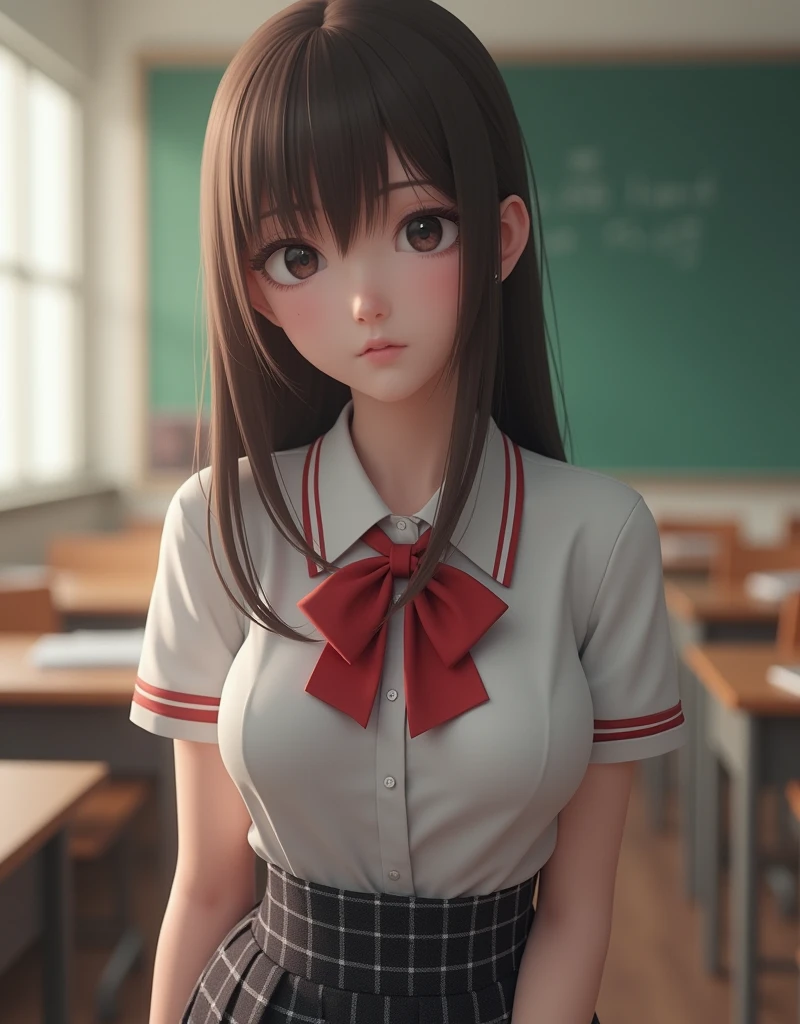 the Extremely Detailed CG Unity 8K Wallpapers、top-quality、Ultra-detail、​masterpiece、studio shoot、softfocus、Soft atmosphere、realisitic、Photo Real、(large full breasts:1.5)、extremely detailed cute girl、solo、18year old、japanes、Melancholy look, Brown hair、Long bob cut hair、
(School Uniforms:1.2), (in a white shirt,:1.3), (Red bow:1.3), (Plaid pleated skirt:1.3), School classroom on background、out of focus、blur、