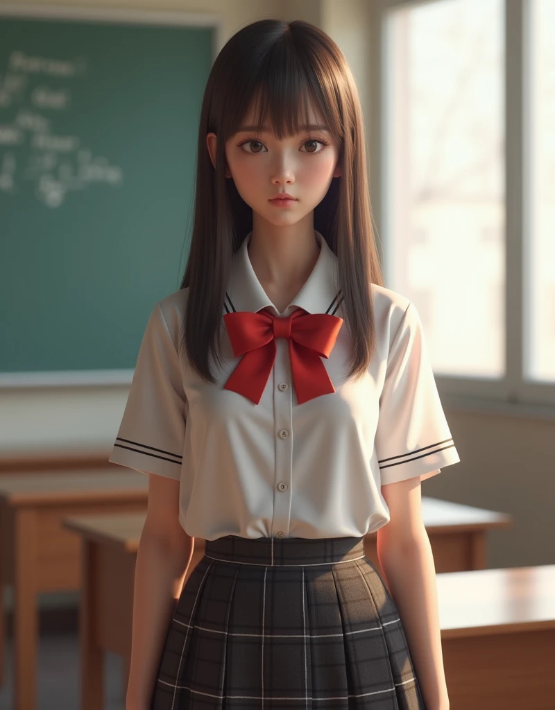 the Extremely Detailed CG Unity 8K Wallpapers、top-quality、Ultra-detail、​masterpiece、studio shoot、softfocus、Soft atmosphere、realisitic、Photo Real、(large full breasts:1.5)、extremely detailed cute girl、solo、18year old、japanes、Melancholy look, Brown hair、Long bob cut hair、
(School Uniforms:1.2), (in a white shirt,:1.3), (Red bow:1.3), (Plaid pleated skirt:1.3), School classroom on background、out of focus、blur、