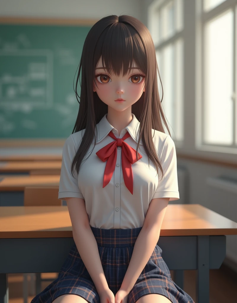 the Extremely Detailed CG Unity 8K Wallpapers、top-quality、Ultra-detail、masterpiece、studio shoot、softfocus、Soft atmosphere、realisitic、Photo Real、(large full breasts:1.5)、extremely detailed cute girl、solo、18year old、japanes、Melancholy look, Brown hair、Long bob cut hair、
(School Uniforms:1.2), (in a white shirt,:1.3), (Red bow:1.3), (Plaid pleated skirt:1.3), School classroom on background、out of focus、blur、