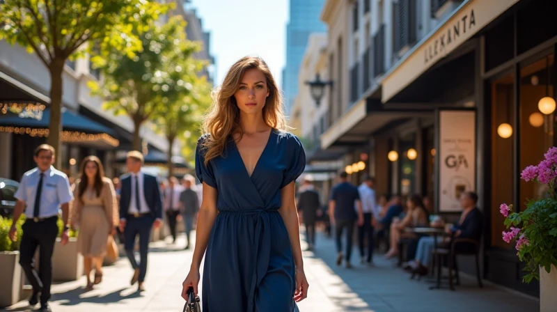 The image captures a vibrant and energetic scene, with a famous actress walking gracefully and confidently down a busy street. The setting is a lively urban street, full of people, shops and activities, which creates a dynamic and cosmopolitan environment.
In the center of the image is the actress, which stands out for its striking presence. She wears an elegant silk midi dress in a deep shade of navy blue., that sways gently with the movement. The dress is complemented by a thin belt at the waist., that enhances your silhouette. She is wearing a pair of high heel sandals that add a touch of sophistication to her look.. O cabelo dela, loose and perfectly styled in soft waves, brilha sob a luz do sol, and his gaze is both confident and serene.
She is being accompanied by a small group of discreet aides and security guards., which ensure that she can move easily through the crowd. His gaze is turned forward, with a slight smile on his lips, demonstrating a mix of focus and charm. She holds a small designer bag in one hand., while with the other, waves kindly to some fans who recognize her and smile.
The surrounding street is a vibrant mix of movement and color. Pedestrians of different ages and styles walk quickly, some looking curiously in the direction of the actress. The shop windows, decorated with eye-catching products and promotional banners, reflect sunlight, and the urban setting is accentuated by outdoor cafes, bistro tables and a variety of vehicles parked along the sidewalk.
The background of the image shows modern architecture, with tall buildings and glass facades that capture daylight and add a glow to the environment. Trees along the street and flowers in decorative pots provide touches of greenery and color., contrasting with the concrete and steel of the city.
The atmosphere is lively, with the sound of conversations, the clinking of coffee cups and the constant hubbub of the city. And for