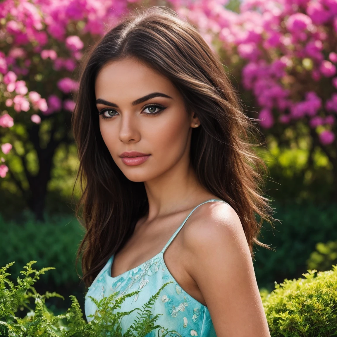 a beautiful girl in a garden, blonde hair, blue eyes, detailed face, elegant dress, graceful pose, natural lighting, fantasy landscape, lush greenery, colorful flowers, vibrant colors, intricate details, cinematic composition, digital painting, photorealistic, highly detailed, 8k, masterpiece