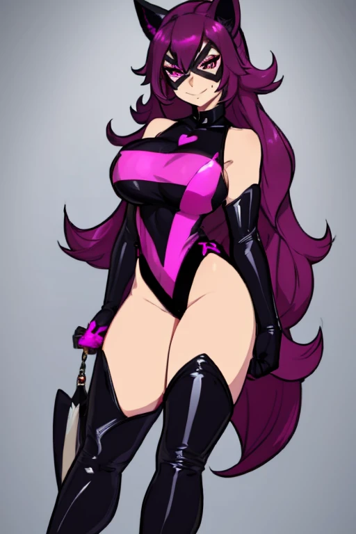 female, black long hair with magenta trim, silver eyes, wolf ears, wolf tail, (((1girl))), (((black and magenta leotard))), (black clawed gauntlets), (black thigh high boots), (black eye mask), cute and sexy, full body, large breasts, long legs, smiling