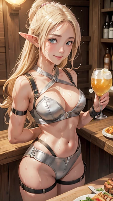 masterpiece, Highest quality, Highly detailed CG Unity 8K wallpapers,((Seat image)), ((Counter at Yatai Street)), (Long pointy ears), Elegant long wavy platinum blonde hair, ((Average Chest Circumference, Self-illuminating skin)), ((Full Harness, Bustier, hot pants, Wristband)), (Sweaty, Wet white skin), (Eating unknown skewers, Drinking alcohol, A variety of unknown dishes lined up), (blush), (Captivating smile), cute, Symmetrical face, fine grain, Key Art, Awards, intricate detail realism hdr, Photorealism, Hyperrealism, Ultra-realistic, Nice views, Written boundary depth,A few drunks in the background,