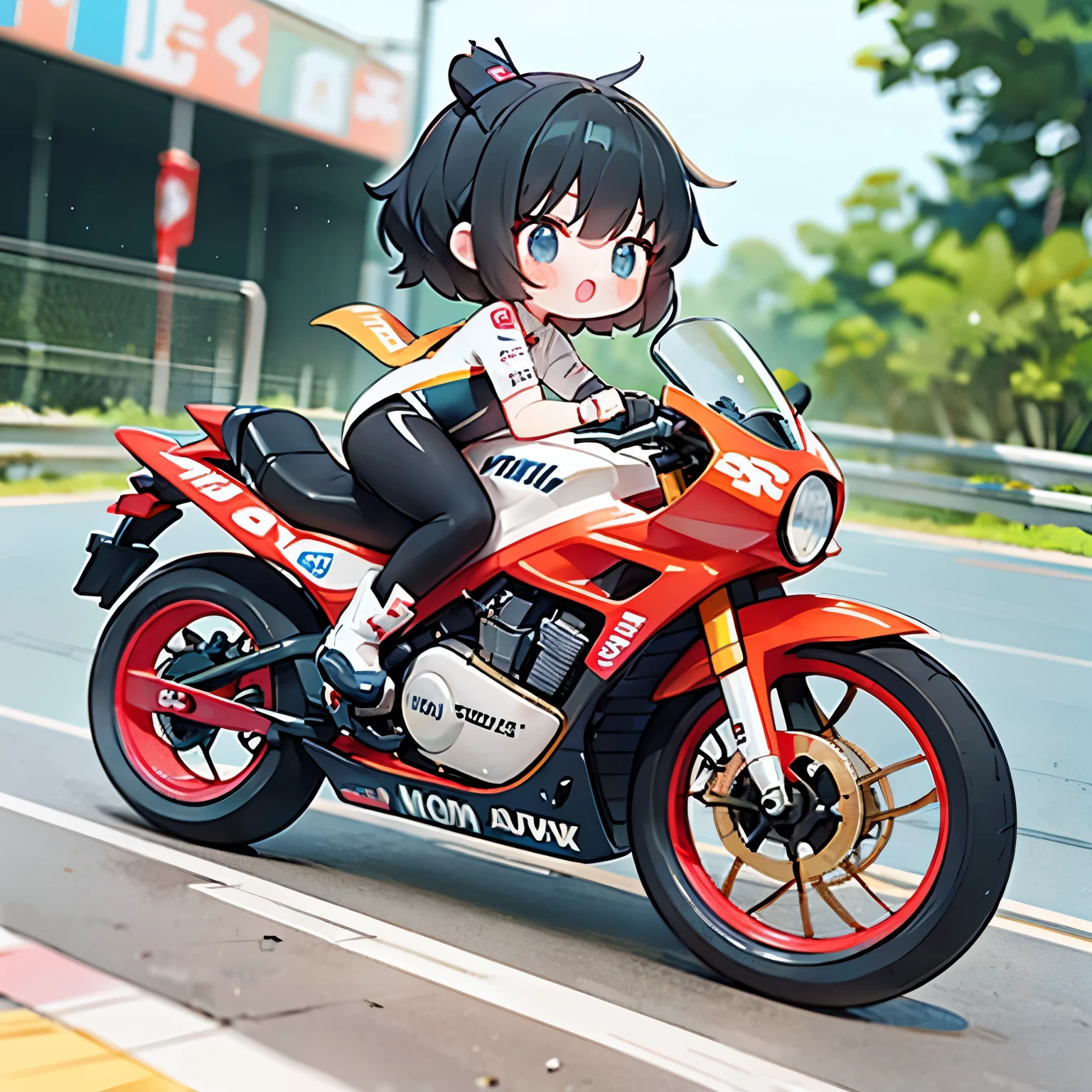 Little mascot girl, Rear view of a female racer racing on a road bike, Black Hair, semi-long, stylish, Road Bike Racing, Behind the scenes of a heated battle between multiple road racers, speed, boost mood, Panning View, A rear view of a female racer chasing another female racer ahead of her, Chasing from behind, Back depiction，