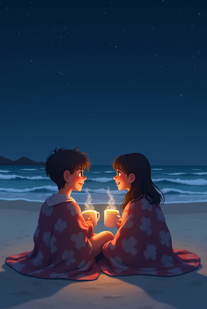 I would like to create an image where a couple of friends can be seen, sitting on the beach drinking coffee at night, covered in a blanket