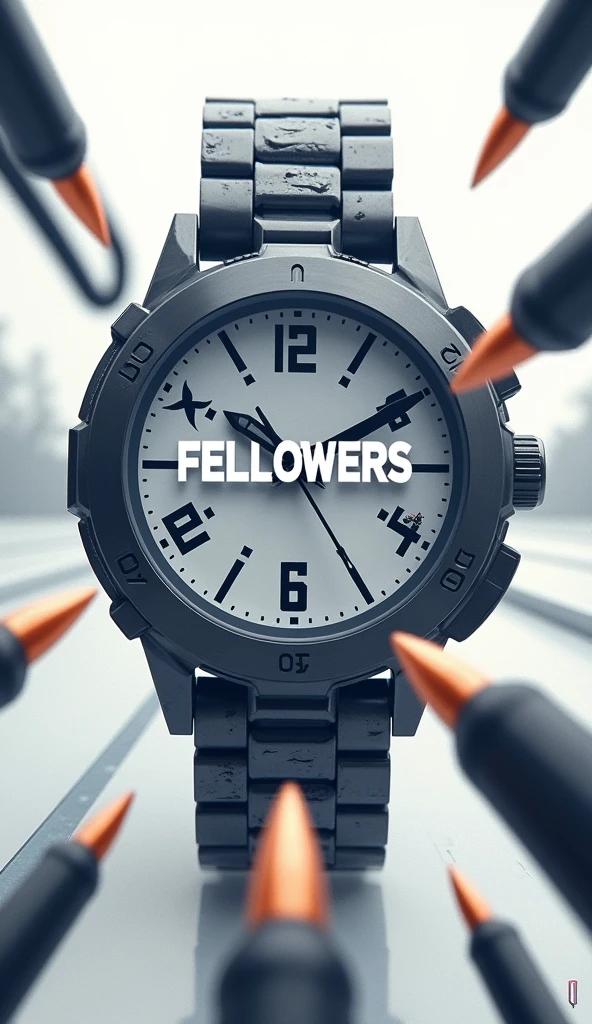 There is a title "FELLOWERS" on a big watch painted on the white road. Guns and swords at the background of the title. Blurry bullets passing over the title "FELLOWERS". A 3D, aesthetic, Sci-Fi Poster.