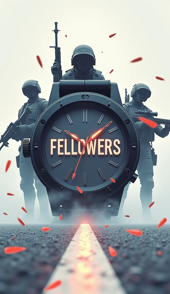 There is a title "FELLOWERS" on a big watch painted on the white road. Guns and swords at the background of the title. Blurry bullets passing over the title "FELLOWERS". A 3D, aesthetic, Sci-Fi Poster.