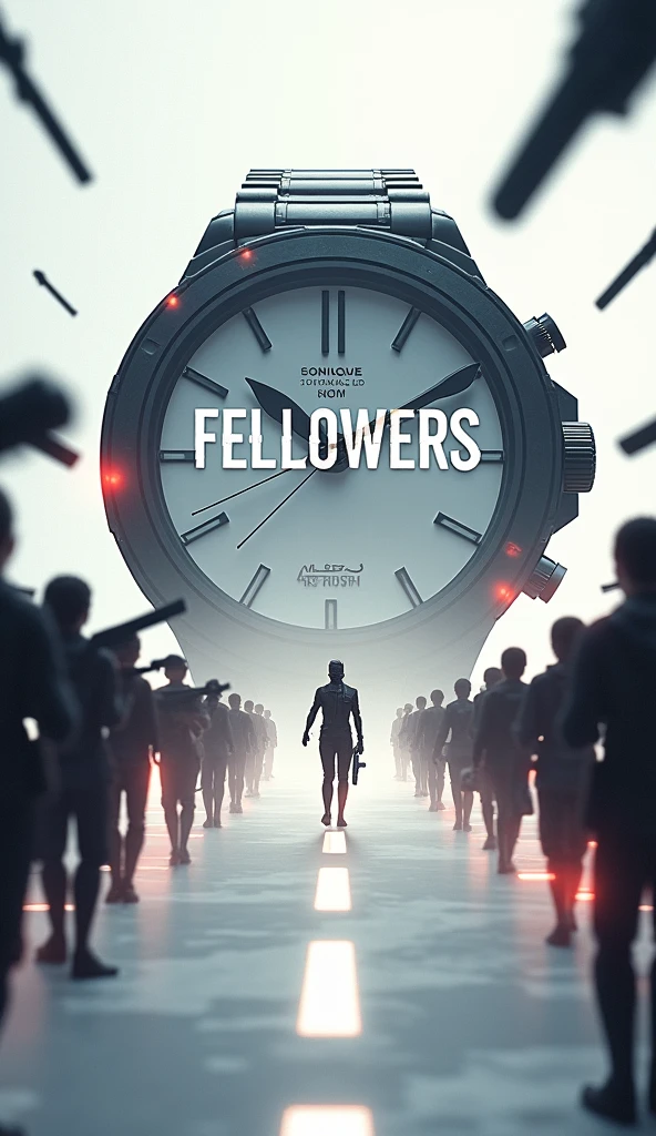 There is a title "FELLOWERS" on a big watch painted on the white road. Guns and swords at the background of the title. Blurry bullets passing over the title "FELLOWERS". A 3D, aesthetic, Sci-Fi Poster.