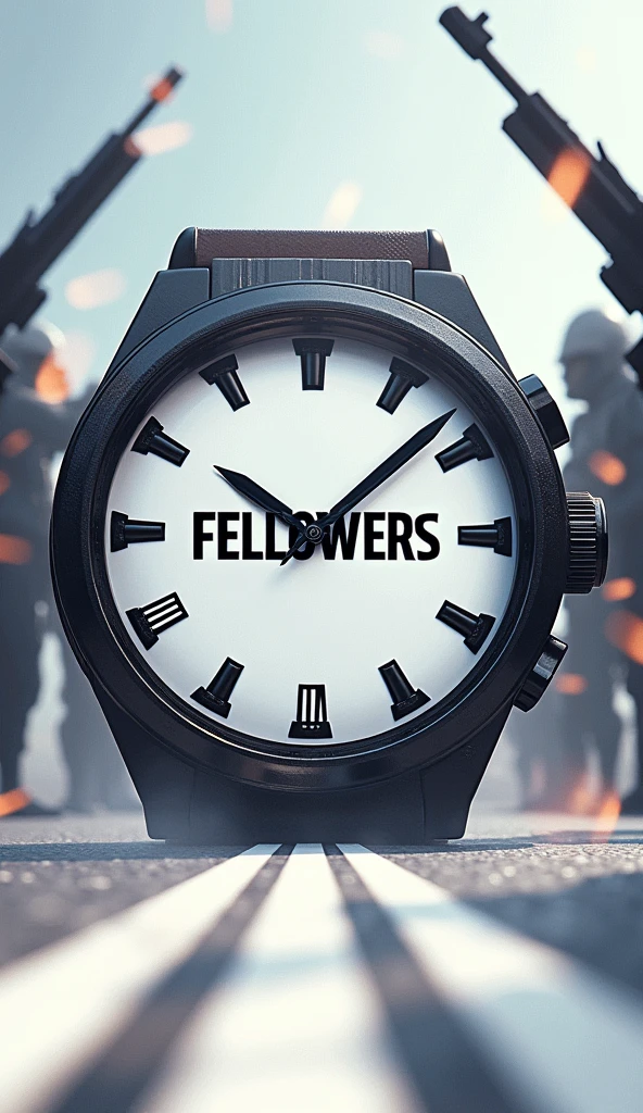 There is a title "FELLOWERS" on a big watch painted on the white road. Guns and swords at the background of the title. Blurry bullets passing over the title "FELLOWERS". A 3D, aesthetic, Sci-Fi Poster.