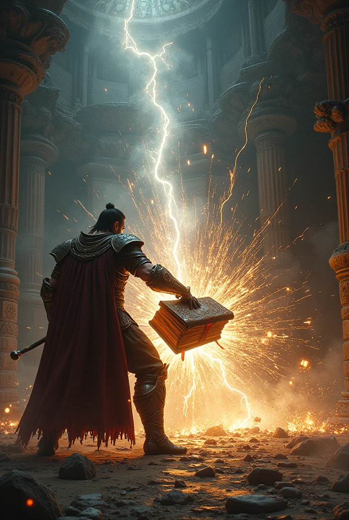 A scene where a warrior breaks a grimoire with a powerful blow, releasing an explosion of light and shadows.