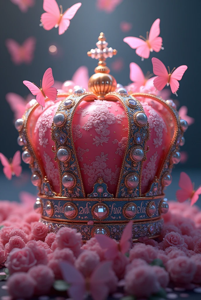 a detailed intricate crown with crystal stones, pink butterflies flying around, ornate calligraphy text, detailed embroidery, luxurious materials, (best quality,4k,8k,highres,masterpiece:1.2),ultra-detailed,(realistic,photorealistic,photo-realistic:1.37),macro shot,highly detailed,elegant,ornate,intricate,regal,dramatic lighting,dramatic composition,vibrant colors,fantasy,cinematic