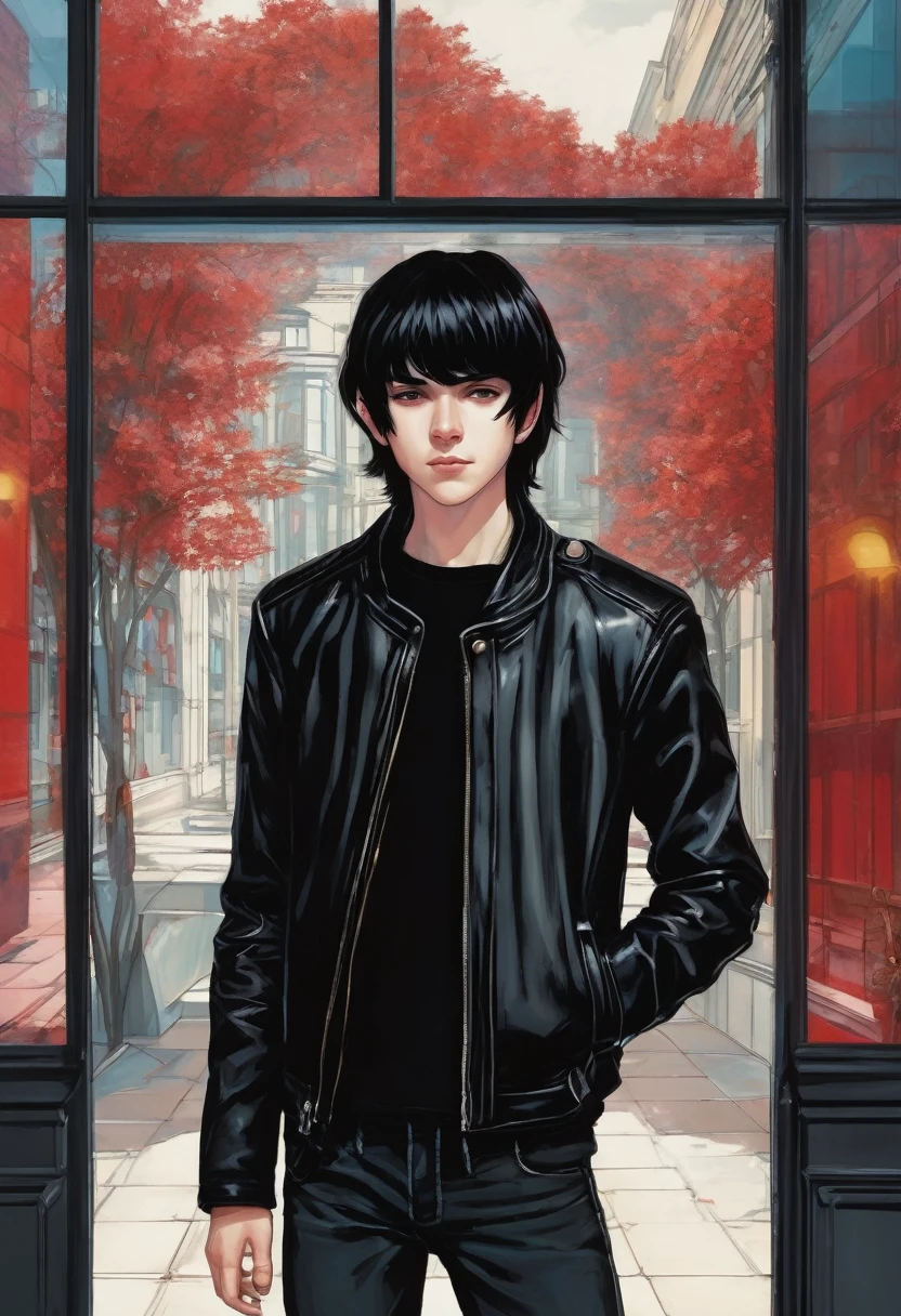 black-haired american boy fron fictional book, with bangs in front, pale and mysterious face, dressed in a black leather jacket, he is about 18 years old, in the background there's an academy with red windows