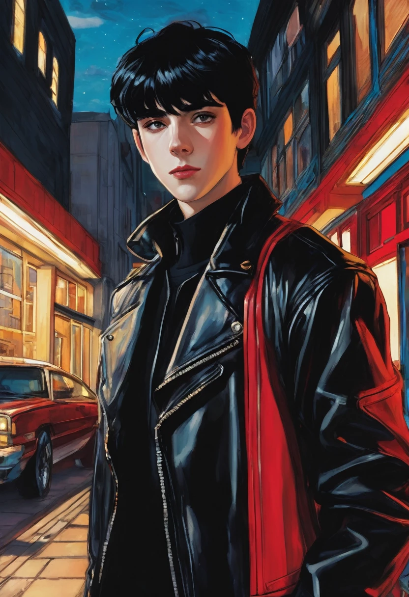 black-haired american boy fron fictional book, with bangs in front, pale and mysterious face, dressed in a black leather jacket, he is about 18 years old, in the background there's an academy with red windows