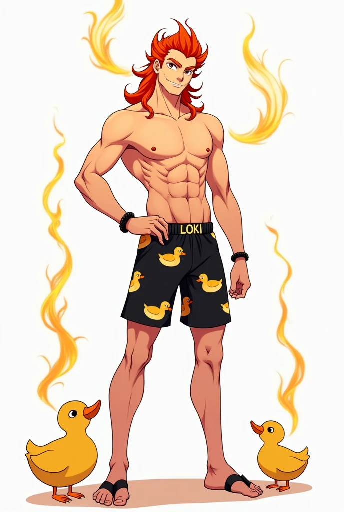 Image of fire, red-haired Loki, Sports figure, in black swimming trunks with ducks, full hd, full length, ankle bracelet, Art, on a white background, with a twinkle in his eye, flames overhead, Anime style art