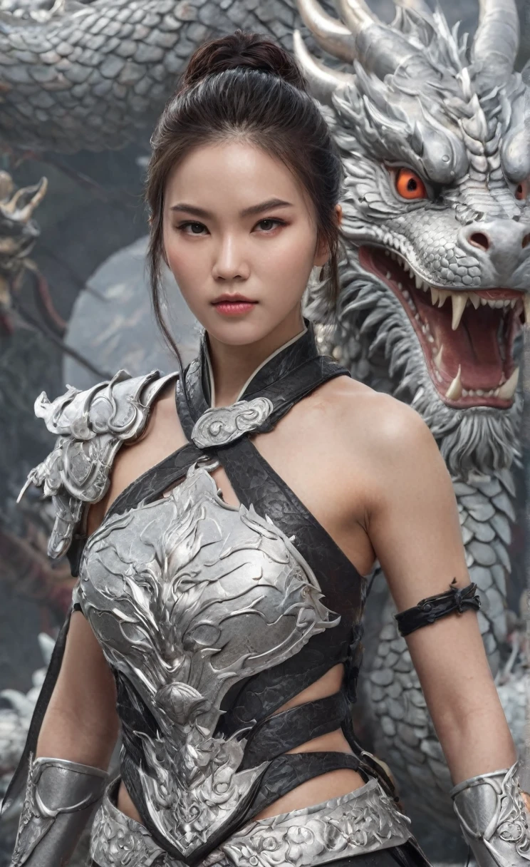 Ultra-high resolution,High-resolution details,photo (Female warrior with Chinese dragon in the background), full-body shot,20 years old woman,delicate and pretty,White skin,Heavy makeup,Very detailed, 8K, illustration, Concept Art, Clear focus, Volumetric Lighting, Epic creation