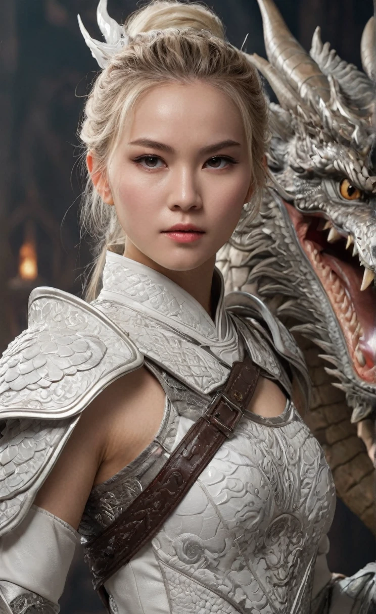 Ultra-high resolution，High-resolution details，photo (Female warrior with Chinese dragon in the background), full-body shot，20 years old woman，delicate and pretty，White skin，Heavy makeup，Very detailed, 8K, illustration, Concept Art, Clear focus, Volumetric Lighting, Epic creation