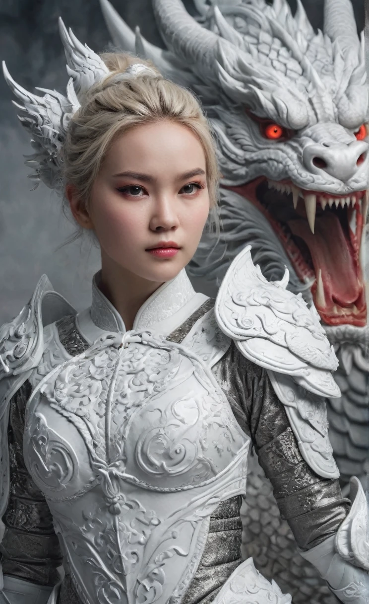 Ultra-high resolution，High-resolution details，photo (Female warrior with Chinese dragon in the background), full-body shot，20 years old woman，delicate and pretty，White skin，Heavy makeup，Very detailed, 8K, illustration, Concept Art, Clear focus, Volumetric Lighting, Epic creation
