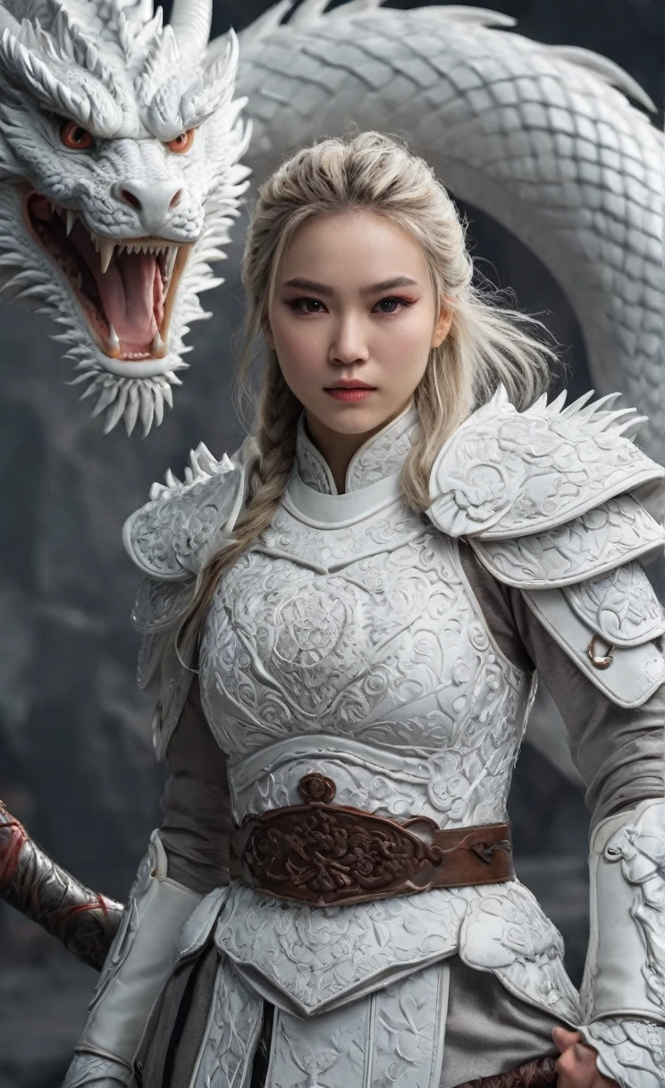 Ultra-high resolution，High-resolution details，photo (Female warrior with Chinese dragon in the background), full-body shot，20 years old woman，delicate and pretty，White skin，Heavy makeup，Very detailed, 8K, illustration, Concept Art, Clear focus, Volumetric Lighting, Epic creation