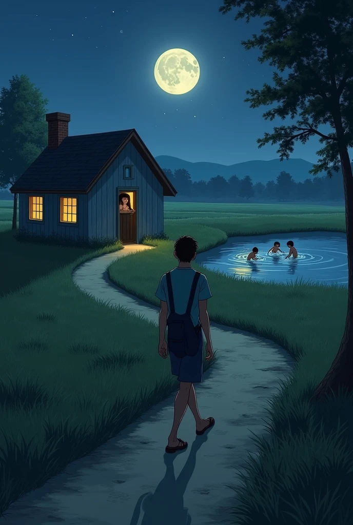 There is a house in the field and a path is made from the house, a 20 years old boy is going on that path on a moonlit night, there are 3, 4 trees beside the path and one tree near the house, there is a pond behind the house in which 4 small children are bathing The window of the house is open, a girl is looking through the window