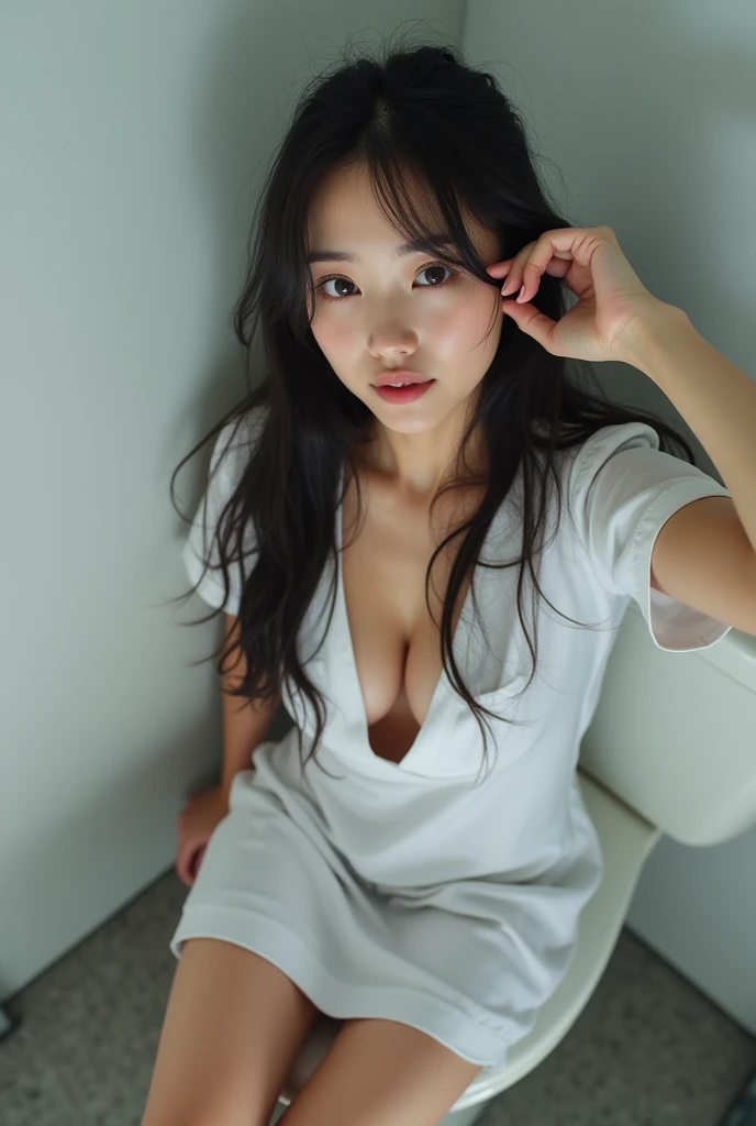 A beautiful Japanese woman in her early 20s wearing a nurse's uniform and sitting on a toilet seat、I have long hair、Taking a selfie with one arm raised、Her chest is slightly open, exposing her cleavage.、