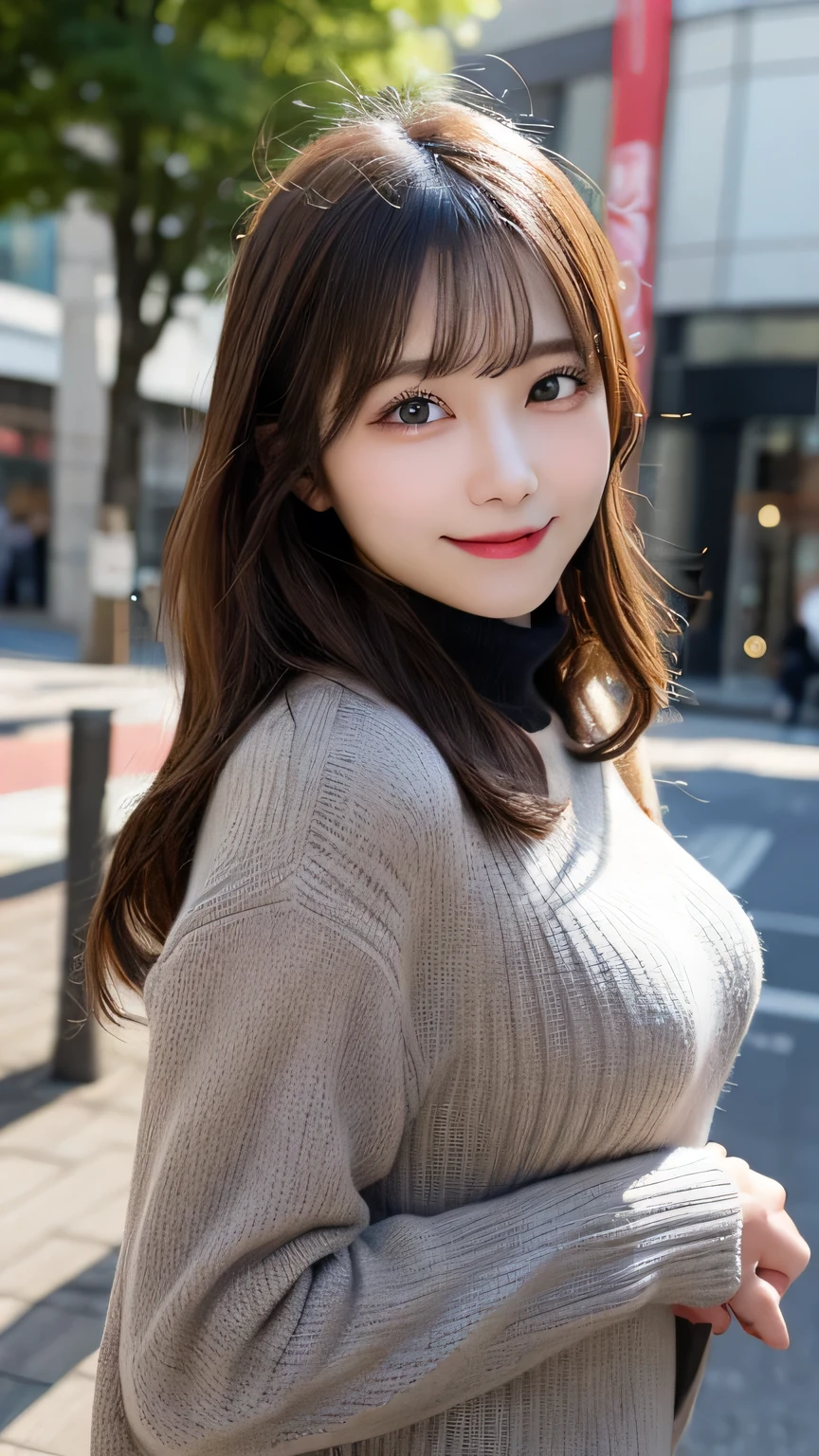 Tabletop, Highest quality, figure, Very detailed, In detail, High resolution, 8k wallpaper, Perfect dynamic composition, Beautiful attention to detail, Cold winter clothes,Medium Hair,Small Breasts Natural Color Lip, Bold sexy pose,smile,Harajuku、20-year-old girl、cute、sexy shot looking at camera