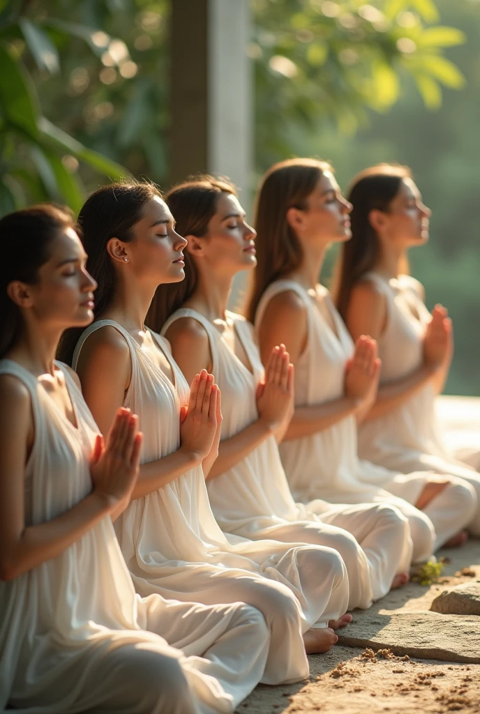 a group of 7 women  praying in white sleevless dress in meditation 