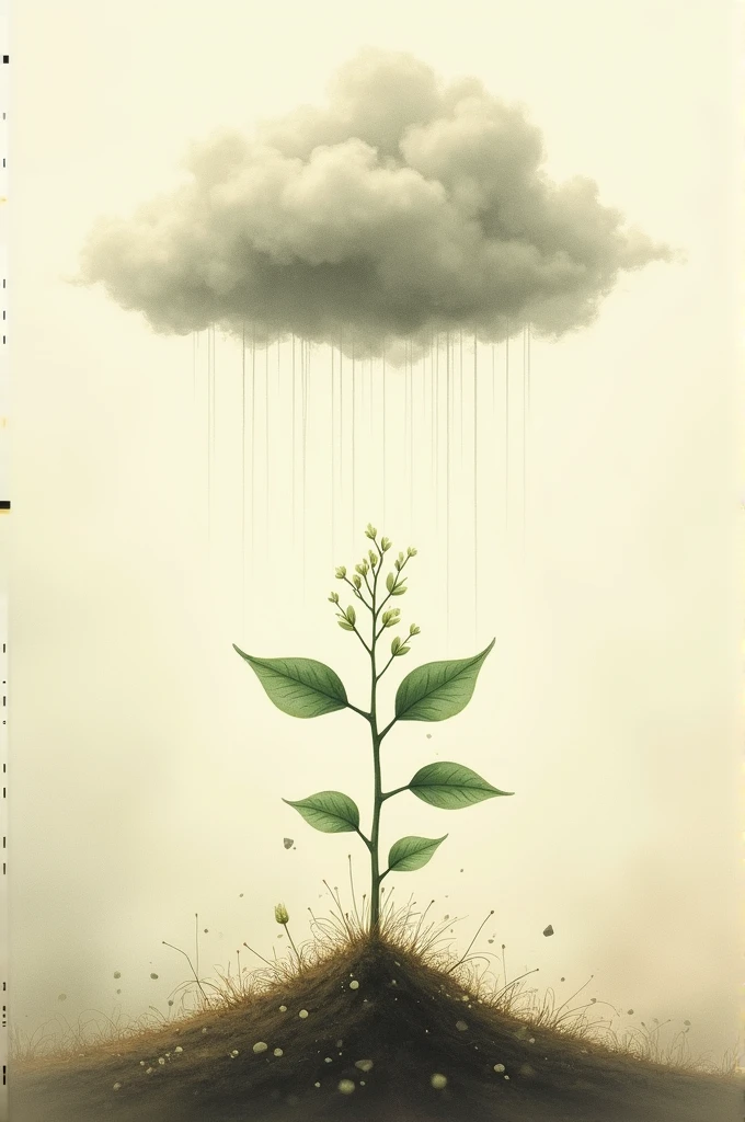 A drawing of a rain cloud over a weak germinating mucha plant.