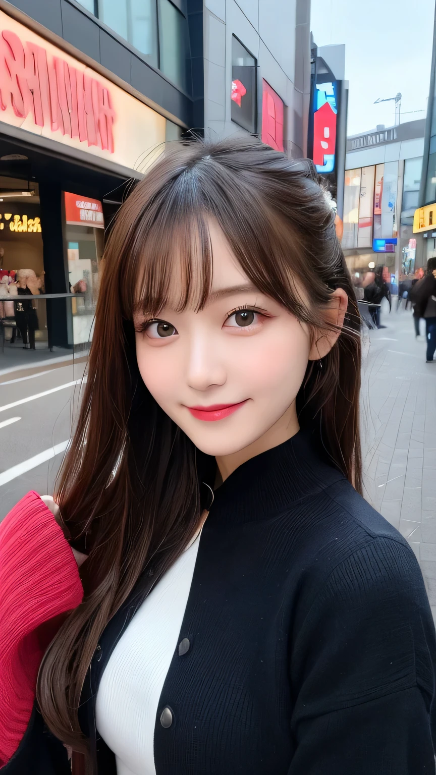 Tabletop, Highest quality, figure, Very detailed, In detail, High resolution, 8k wallpaper, Perfect dynamic composition, Beautiful attention to detail, Cold winter clothes,Medium Hair,Small Breasts Natural Color Lip, Bold sexy pose,smile,Harajuku、20-year-old girl、cute、sexy shot looking at camera