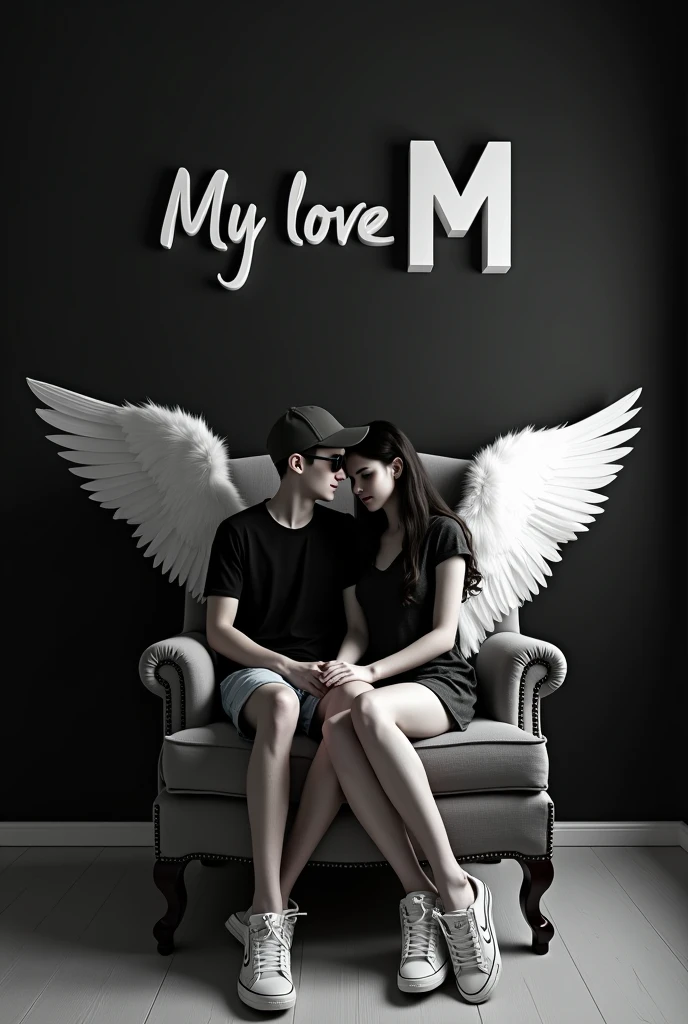 Ai generated Girl and boy in a 21 age
black shirt seated on a wingback chair, adorned in sneakers, a cricket cap, and sunglasses. Surround him with the text “My love M ” on a black wall, ensuring the absence of shadows and adding wings for an angelic touch.