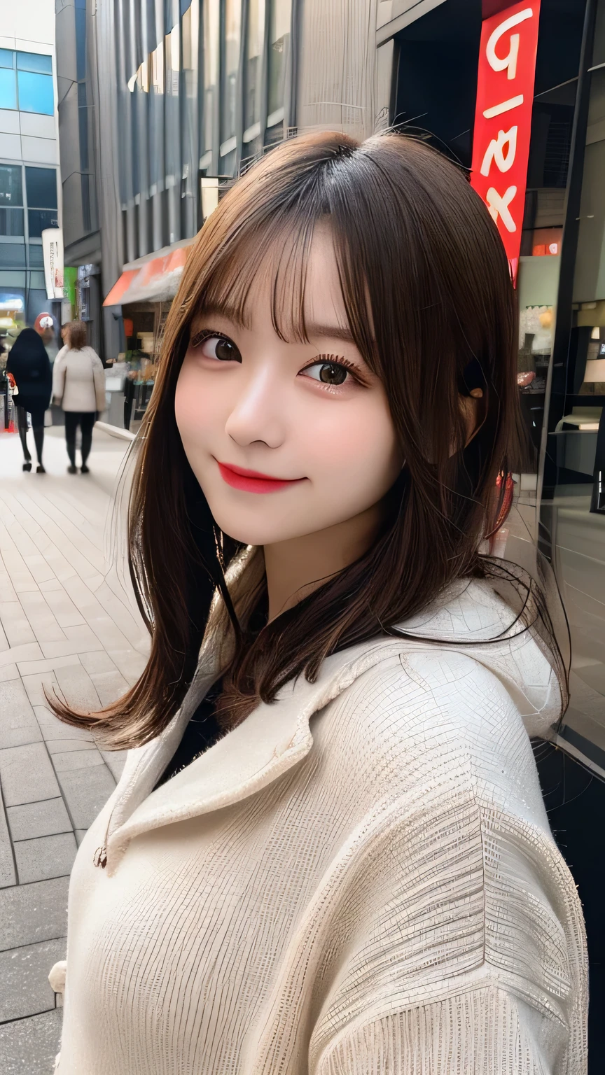 Tabletop, Highest quality, figure, Very detailed, In detail, High resolution, 8k wallpaper, Perfect dynamic composition, Beautiful attention to detail, Cold winter clothes,Medium Hair,Small Breasts Natural Color Lip, Bold sexy pose,smile,Harajuku、20-year-old girl、cute、sexy shot looking at camera