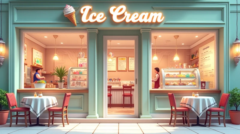 The image shows a charming ice cream shop that exudes an irresistible charm and invites everyone to come in and taste its delights.. The ice cream shop's facade is an attractive combination of vibrant colors and cozy details.. The exterior walls are painted in a soft pastel shade., like a light blue or a mint green, with large windows framed by elegant white frames that reveal the cozy atmosphere of the interior.
About the entry, a classic, stylized sign in bright, cursive letters displays the name of the ice cream shop, complemented by a cheerful illustration of an ice cream cone covered in colorful sprinkles. The glass doors are decorated with festive and fun stickers, and there is a small wooden sign with a welcome message that says "Come in and Smile!" hanging on a string.
As you step inside, the first thing that catches your eye is the ice cream counter, that stretches along one wall and is filled with a rainbow of delicious flavors in heat-resistant display cases. Each pot is colorful and very presentable., with descriptive labels and appetizing images of the flavors. The counter is decorated with a light wood finish and polished metal details., giving an air of casual elegance.
Behind the counter, Employees, with friendly uniforms and a welcoming smile, serve with efficiency and enthusiasm. There is a menu board above the counter, with a selection of ice creams, sundaes, milkshakes and frozen desserts, all tantalizingly described and illustrated with vibrant photos.
The ice cream shop's atmosphere is lively and welcoming., with chairs and tables arranged in comfortable areas. The tables are small and round, covered with tablecloths in fun patterns, like stripes or polka dots. There are also colorful and comfortable chairs, some with soft cushions, that invite visitors to sit back and relax.
The floor is made of white ceramic tiles with colored details that imitate grains., adding a touch