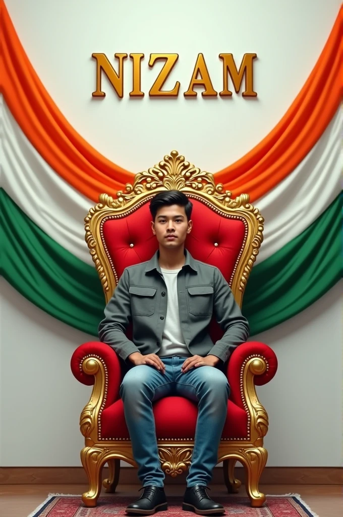 Create realistic illusion image A 20 years old boy is sitting on a king chair with indian tricolor wings and behind him the color of the wall is gray on which “SAURABHAIEDIT’ is written in golden. and also written ” Happy Independence Day” in clear letter written on small size on bottom