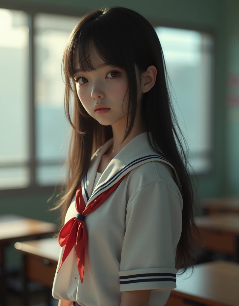 real photograph, the Extremely Detailed CG Unity 8K Wallpapers、top-quality、Ultra-detail、masterpiece、studio shoot、softfocus、Soft atmosphere、realisitic、Photo Real、(large full breasts:1.5)、extremely detailed cute girl、solo、18year old、japanes、Melancholy look, Brown hair、Long bob cut hair、
(School Uniforms:1.2), (in a white shirt,:1.3), (Red bow:1.3), (Plaid pleated skirt:1.3), School classroom on background、out of focus、blur、