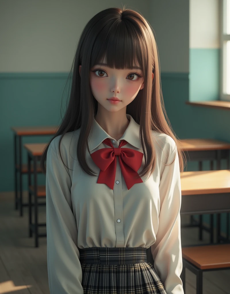 real photograph, the Extremely Detailed CG Unity 8K Wallpapers、top-quality、Ultra-detail、masterpiece、studio shoot、softfocus、Soft atmosphere、realisitic、Photo Real、(large full breasts:1.5)、extremely detailed cute girl、solo、18year old、japanes、Melancholy look, Brown hair、Long bob cut hair、
(School Uniforms:1.2), (in a white shirt,:1.3), (Red bow:1.3), (Plaid pleated skirt:1.3), School classroom on background、out of focus、blur、