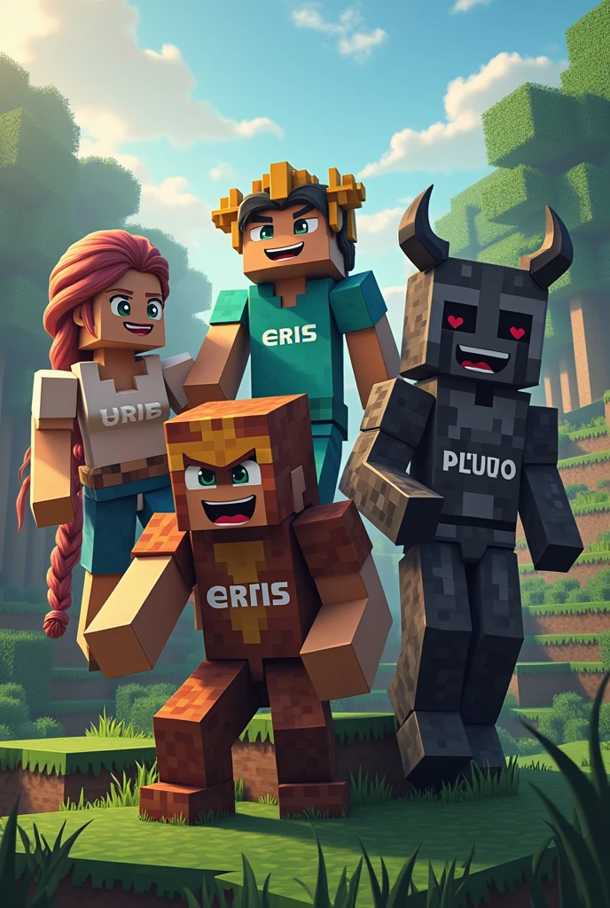 Create an image with characters that have Demeter, Eris, Ares, Pluto and Thanatos that are in the minecraft style and have Sun Roleplay written on them