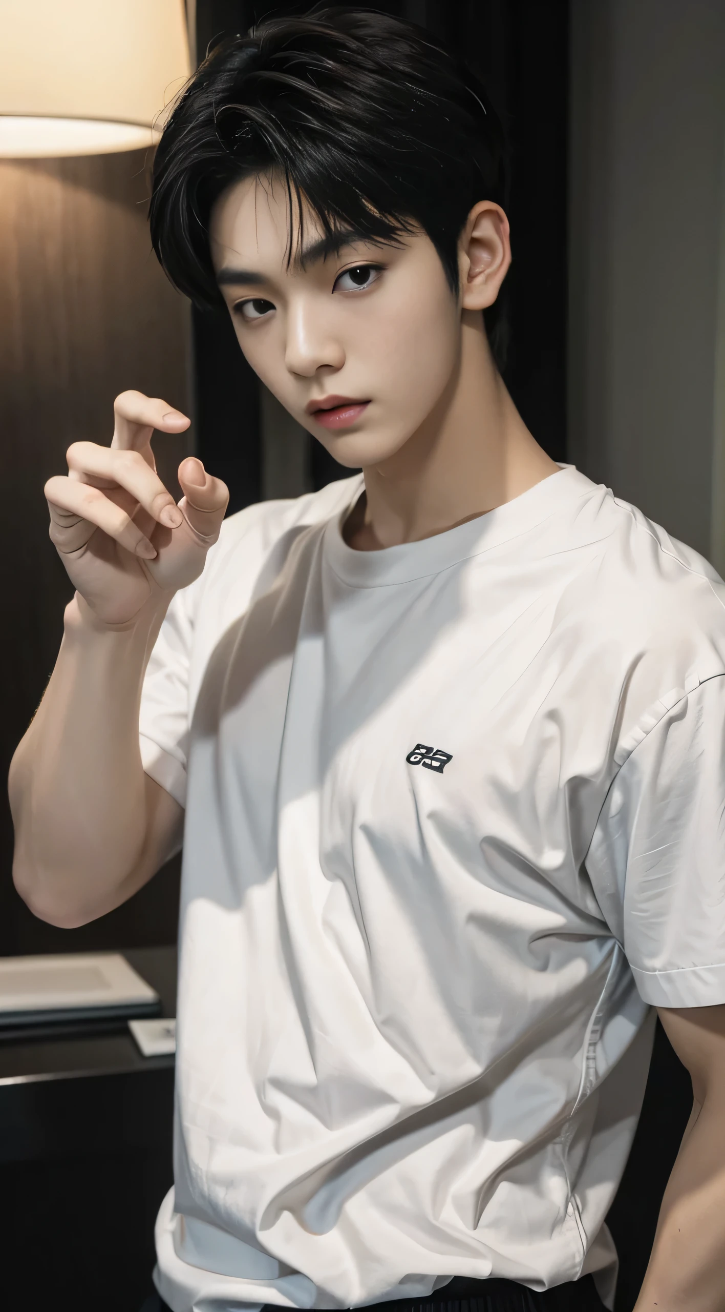 (​masterpiece)、(top-quality:1.0)、(超A high resolution:1.0)、detailed photograph、8K、Male, 25 years old, Korean、twinks、comma hair、sportsman、Detailed skin、Training room as a background、Muscle training、（Elaborate fingers、1 male human、Lateral）、Upper Body Up、Training、perspiring,  Full Body, Realistic, Wear casual shirt, boyfriend material
