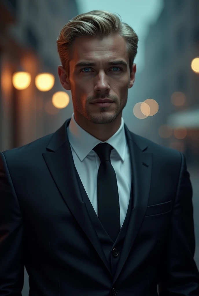 (photorealism:1.2), A man, 30 years, blonde short hair, blue eyes, well dressed, executive, pleasant, handsome, ventrue vampire, evening