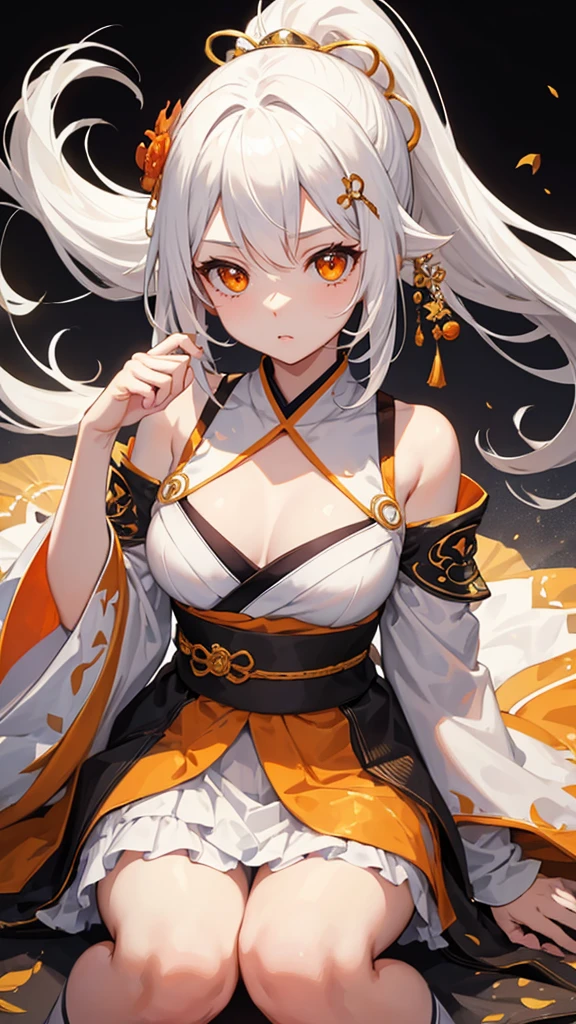 Masterpiece, a girl, Orange eyes, high detailed eyes, white hair, layered hair, hair  ornament, ponytail hair, white Japanese kemono,cute expression 