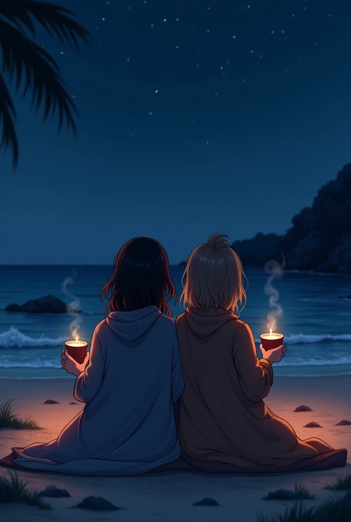 Two tomboy girls, the first one with a Yankees cap, black hair tied up with a cigarette in her mouth, sitting on the beach with a box of beer, an Adidas jacket and Adidas shoes, and a bottle of beer, and the other blonde girl with a white sweatshirt, Rebook shoes, toasting with beers and smoking a cigarette in her mouth, starry night background with moon